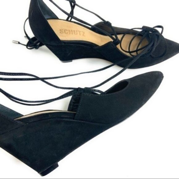 Schutz Black Suede Lace Up Wedges Pointed Toe - Picture 5 of 7